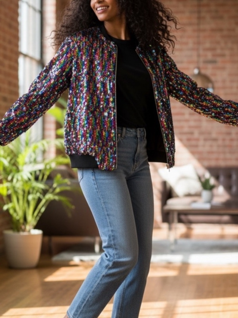 Cresay Multicolor Sequin‎ Bomber Jacket Size M